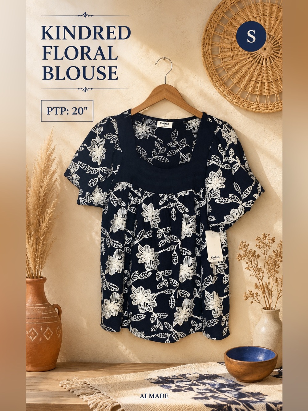 Kindred Navy Floral Empire-Waist Blouse Size Small NWT